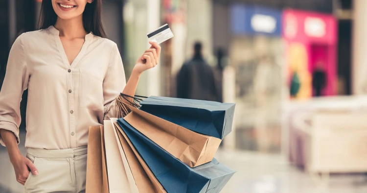 credit card girl shopping with pos terminal